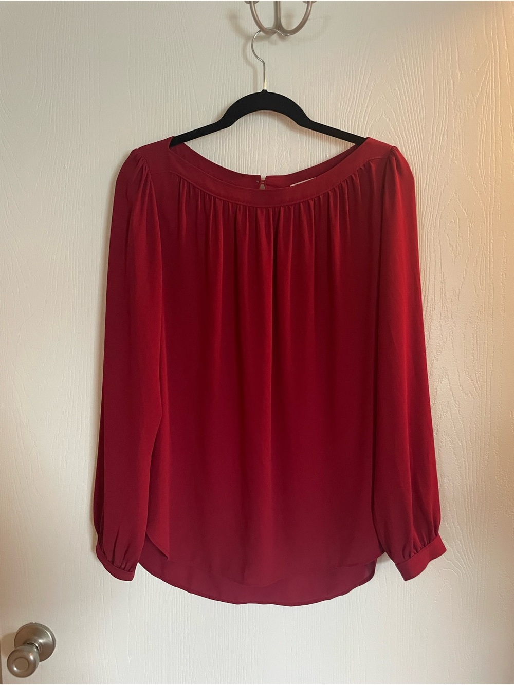 LOFT Burgundy Long-Sleeve Gathered Neck Blouse